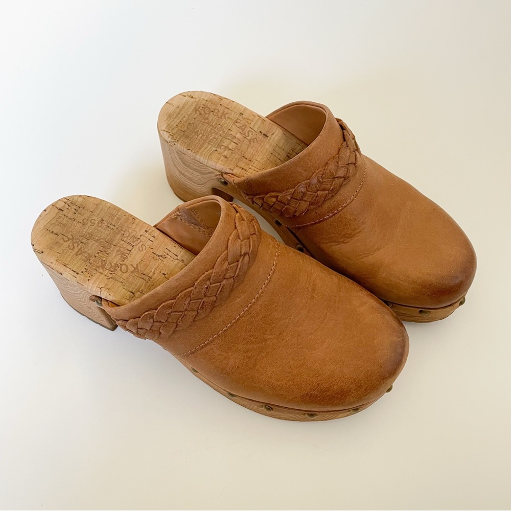 Kork Ease Tilly Clogs Tan Braided Leather Studded Heeled Slip On Wood Mules - Picture 4 of 12